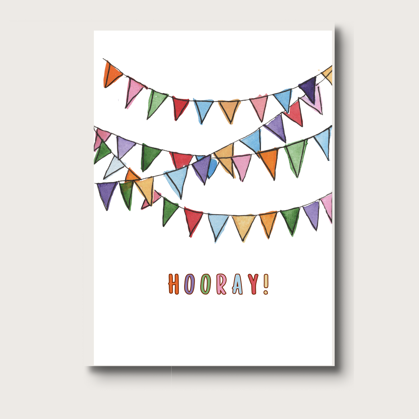 Colorful bunting flags with 'HOORAY!' text on a white background