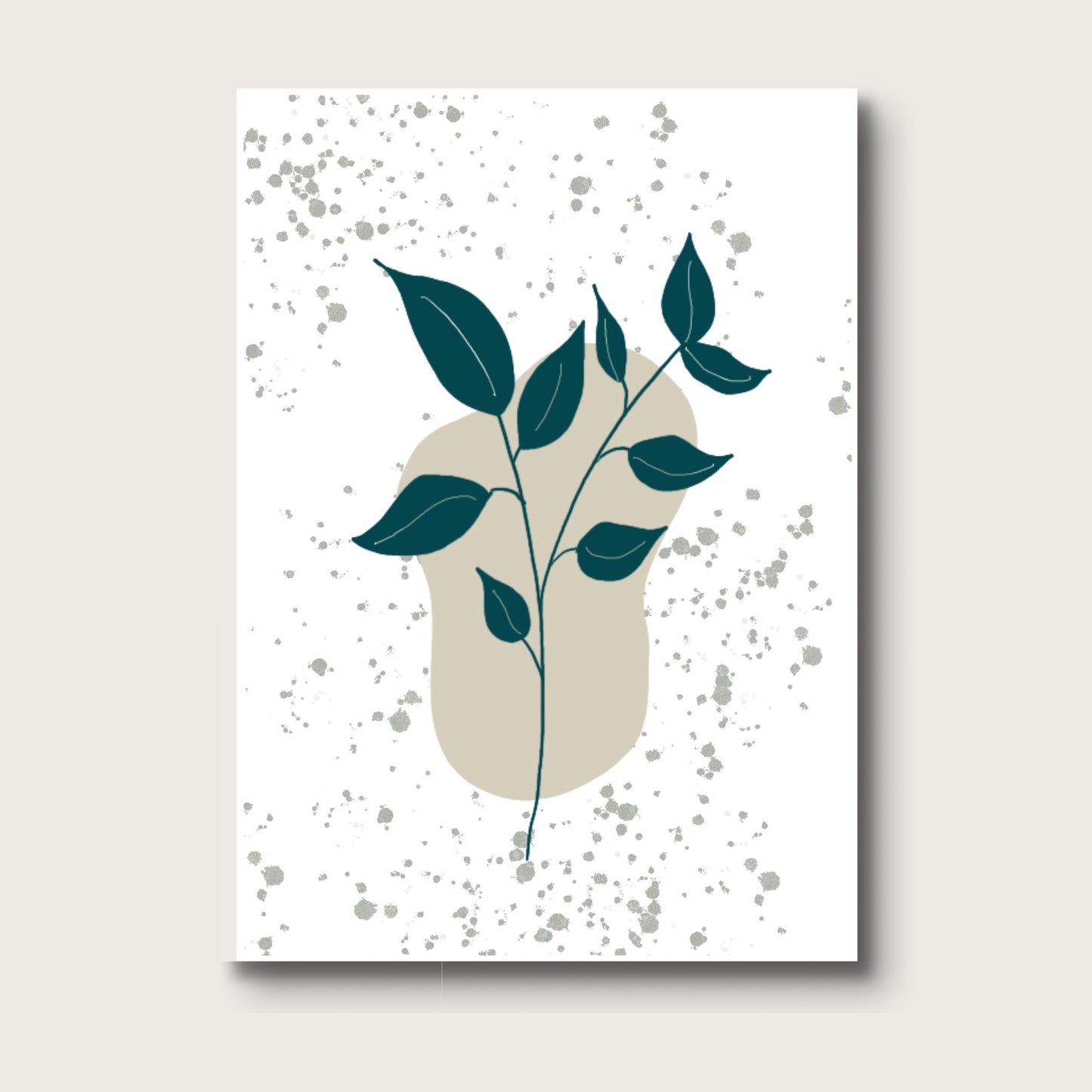 Digitally illustrated card with a dark green leafy branch over a soft beige shape and paint splatter backgrund; blank inside.