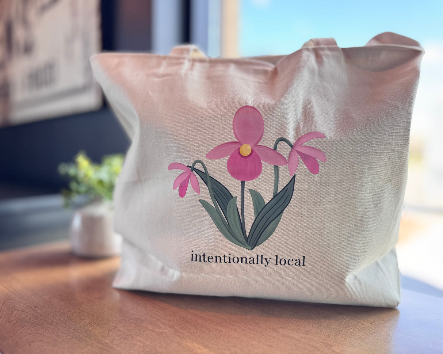 Zippered Tote Bag: Intentionally Local with Lady Slipper Flower