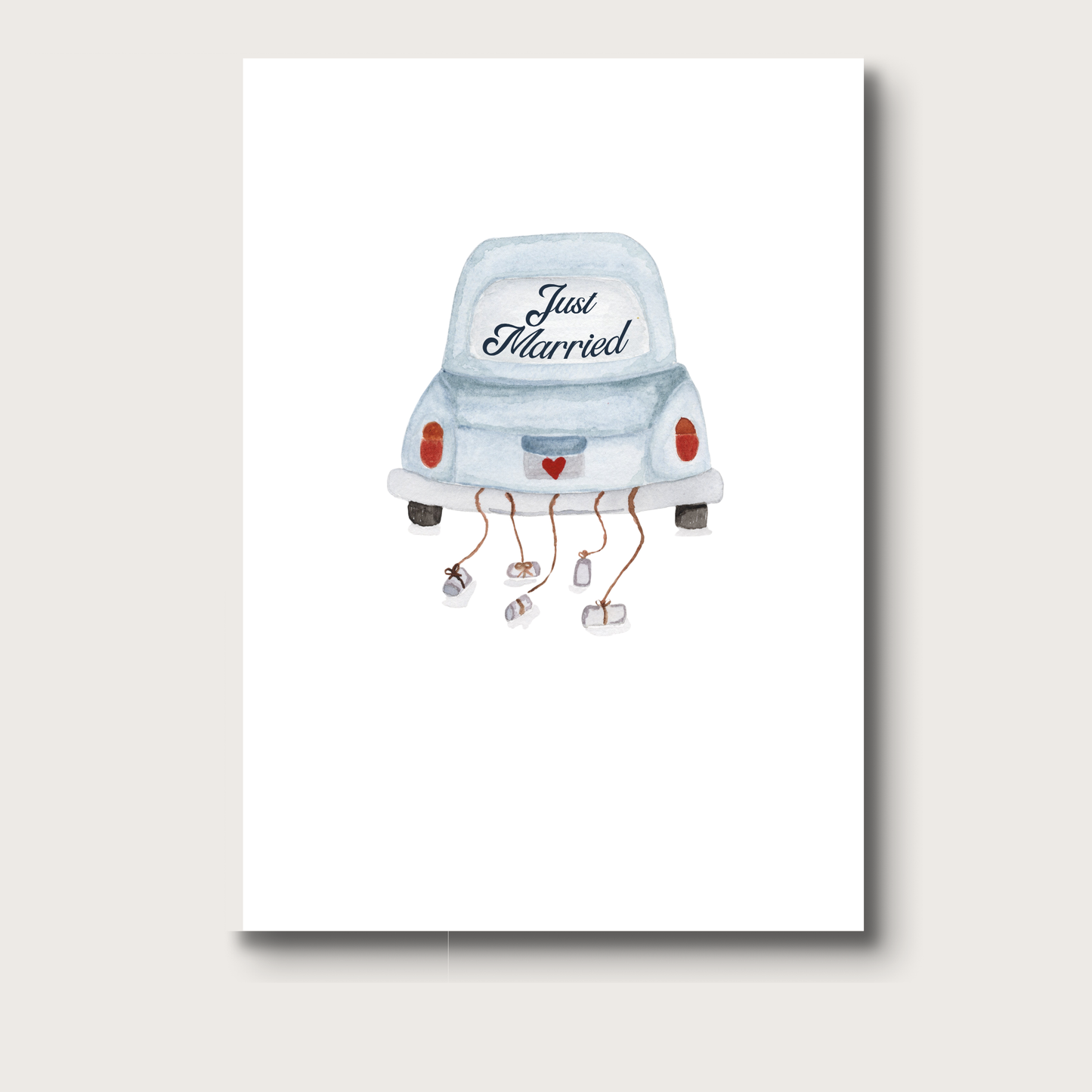 Vintage blue wedding getaway car in watercolor, with a heart license plate and "Just Married" written in script on the back window.