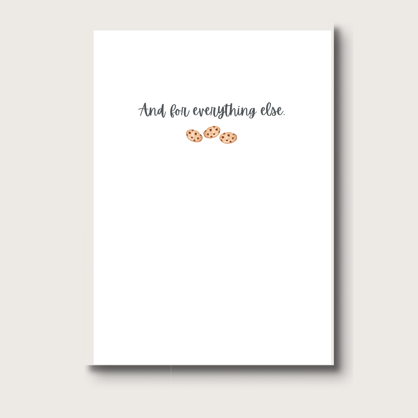 Notebook with text 'And for everything else' and three small cookie illustrations on a white background