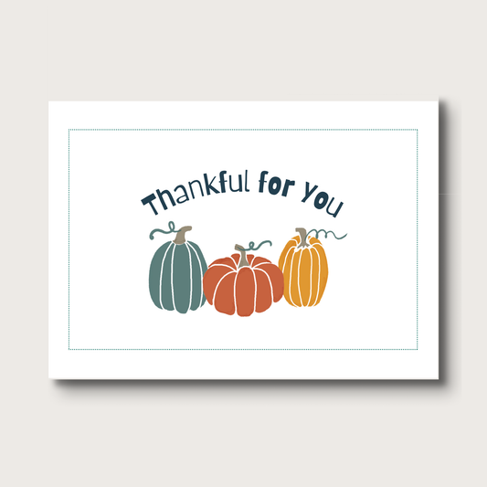 Card with pumpkins and 'Thankful for you' text on a white background