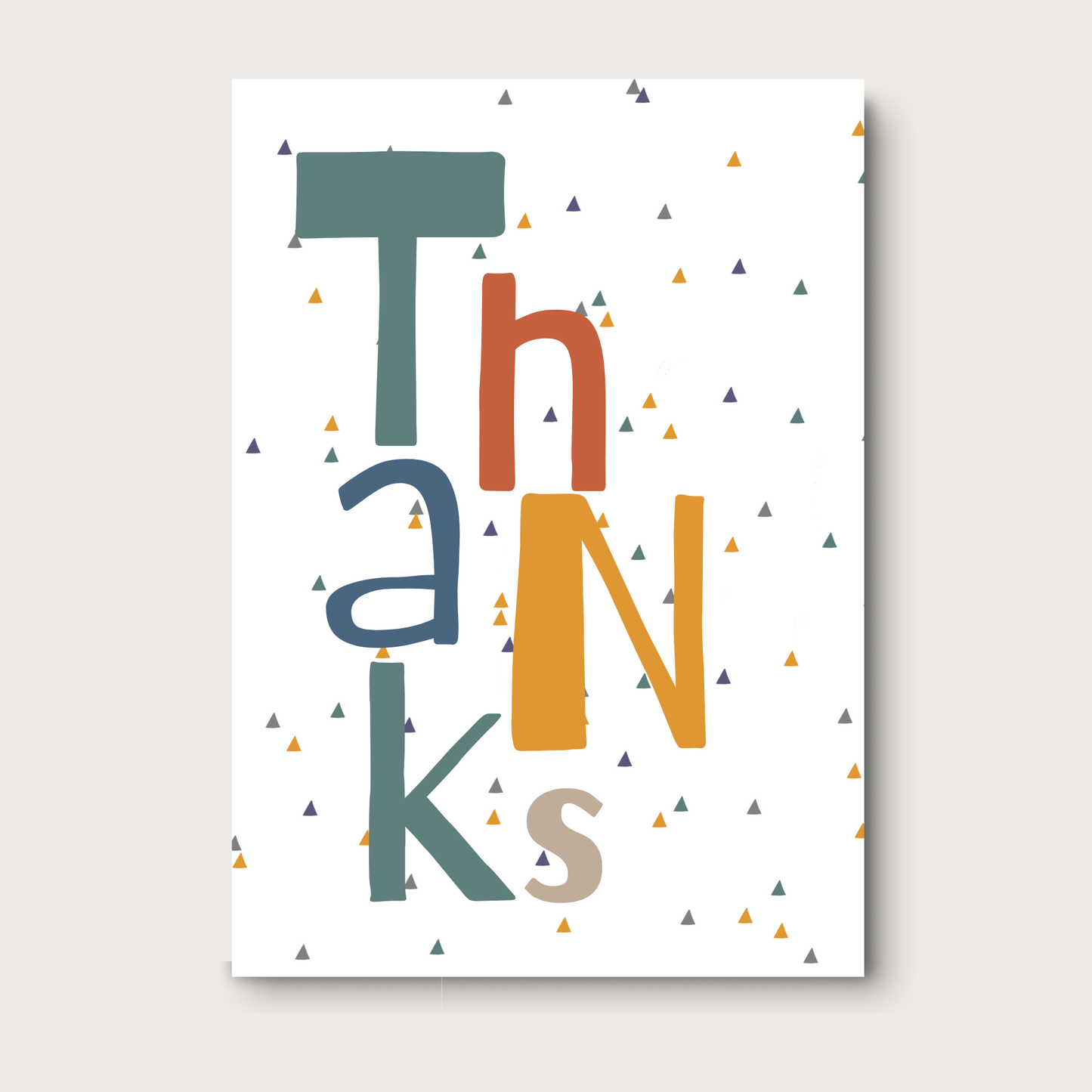 Colorful 'Thanks' cards with geometric shapes on a white background