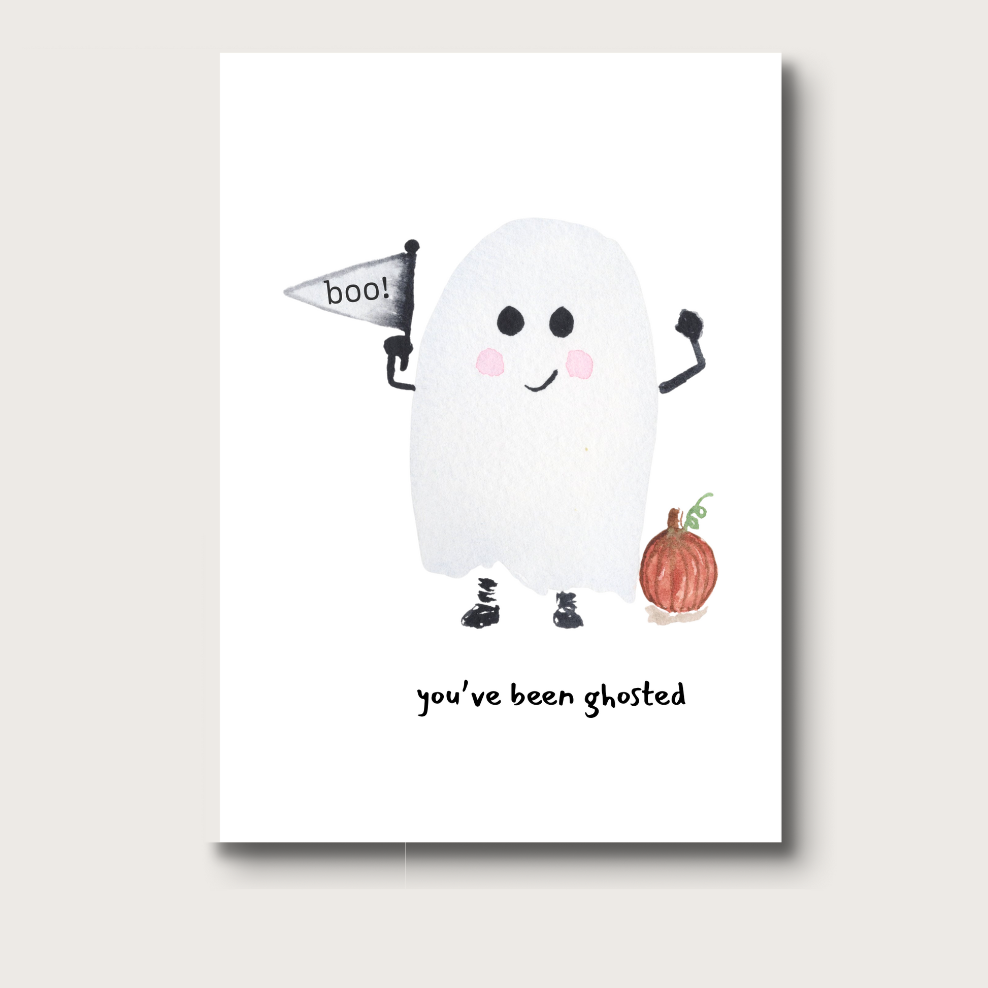 Cartoon ghost holding a pumpkin with 'you've been ghosted' text on a white background