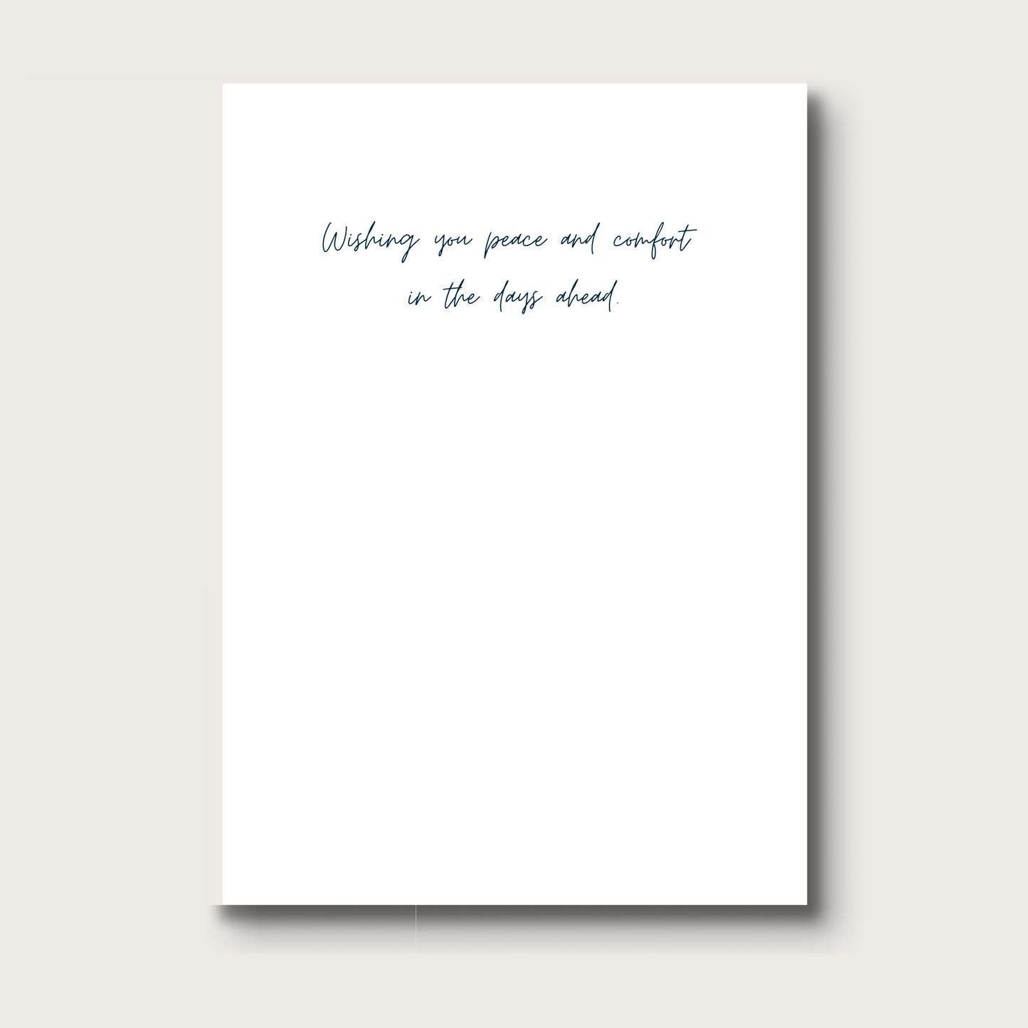 White card with black text 'Wishing you peace and comfort in the days ahead' on a white background