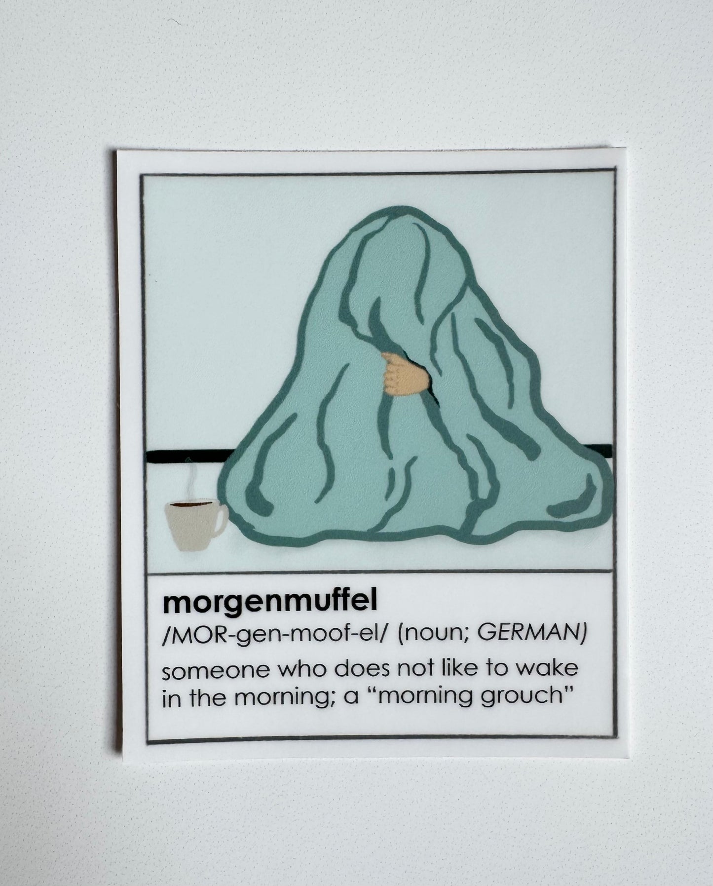 Illustration of a person with light skin under blanket with a coffee cup and definition text on a white background