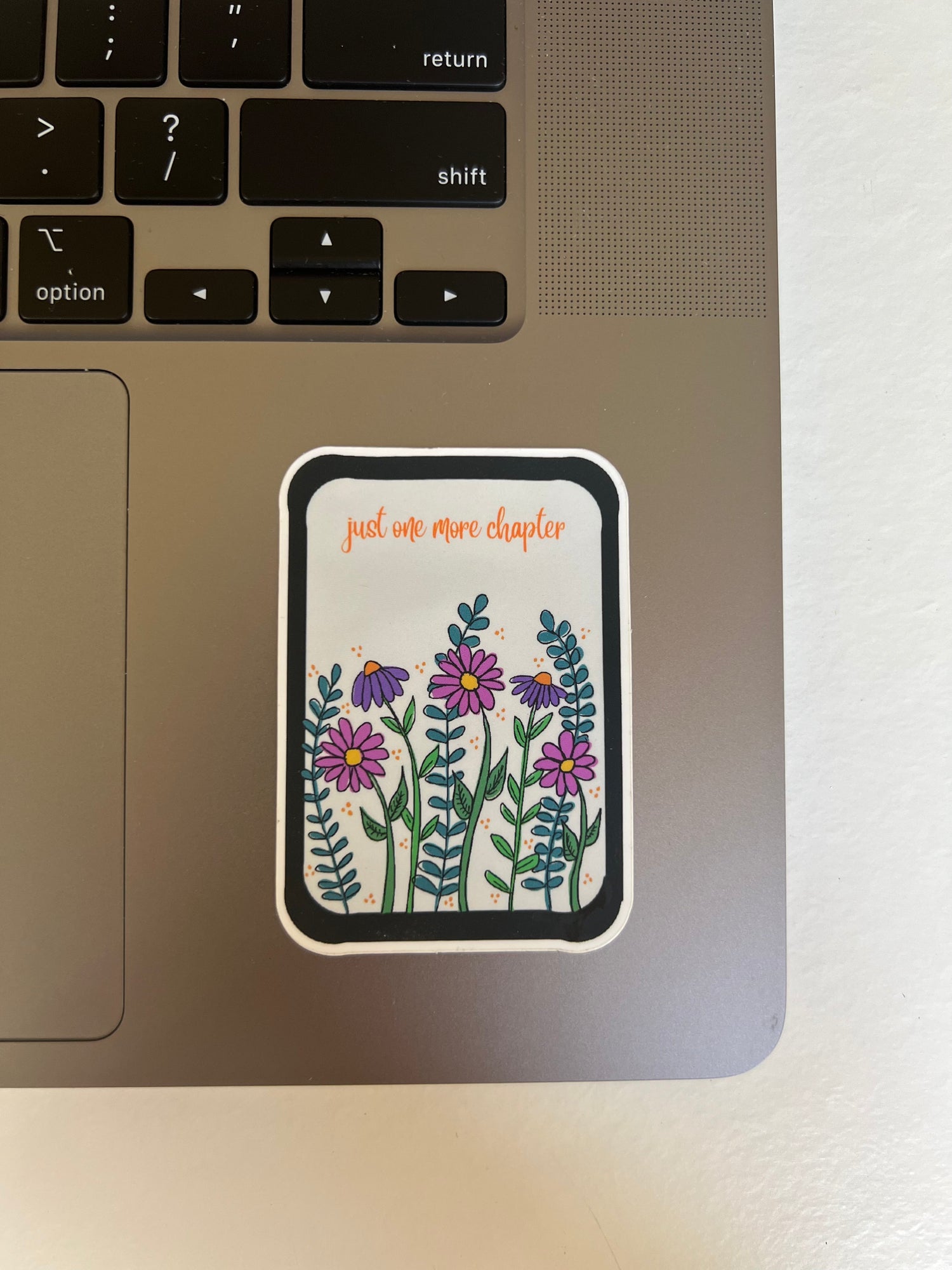 A sticker of a digital reader that features flowers and the words "Just one more chapter" in script, placed on the corner of an open laptop