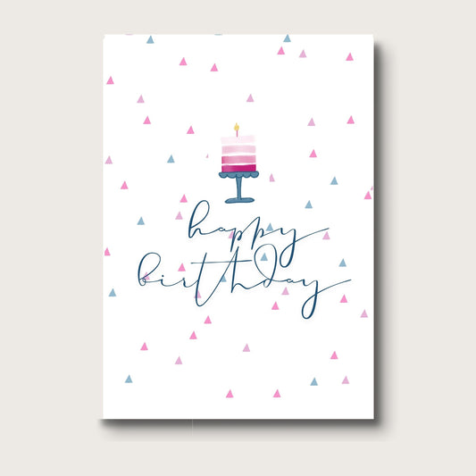 Minimalist digital watercolor of a birthday cake with four layers in shades of pink, with a single candle on top, set against a confetti-patterned background. The words "happy birthday" are written in large, elegant script below the image of the cake. 