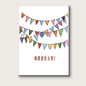 Colorful bunting flags with 'HOORAY!' text on a white background