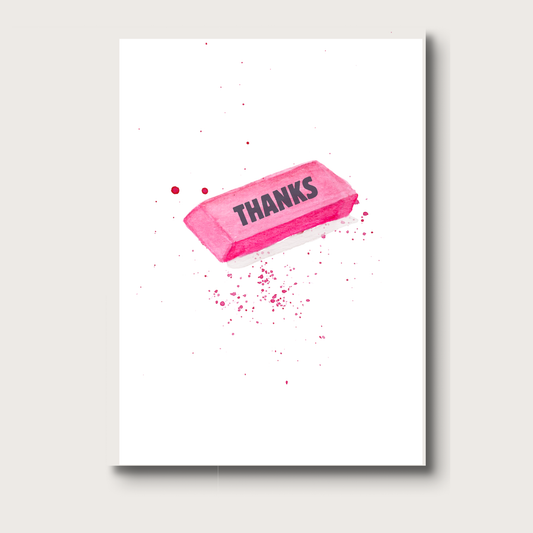 Pink eraser with 'THANKS' text on a white background