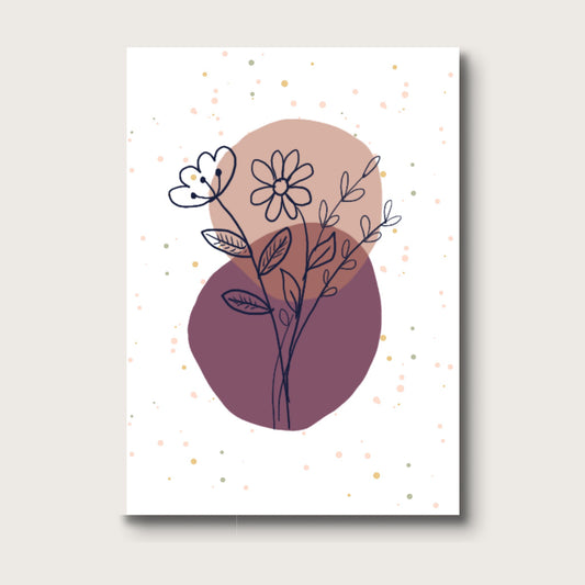 Minimalist digital illustration of hand-drawn floral line art over war blush and plum color shapes, titled “Minimalist Bloom”; blank inside.