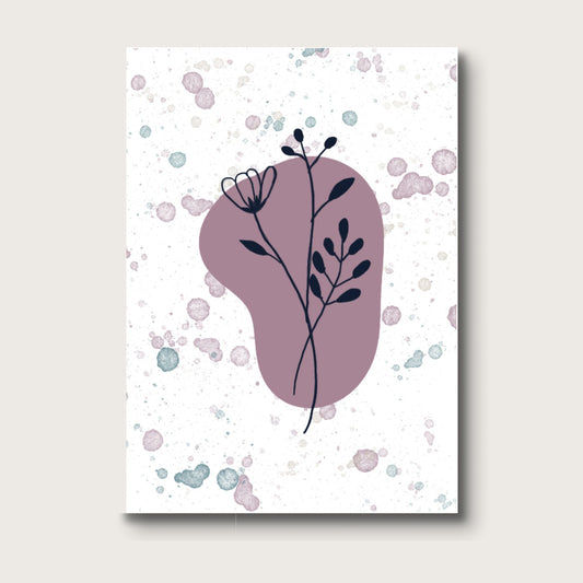 Minimalist digital illustration of dark floral line art over an abstract purple shape with soft splatter background; ttled “Purple Flora”, blank inside.