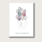 Greeting card with pastel watercolor balloons and 'today we celebrate' text on a white background