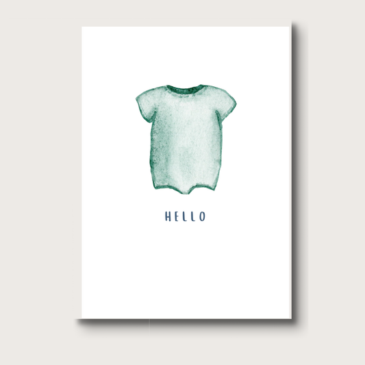 Greeting card of a turquoise baby onesie with 'HELLO' text on a white background