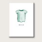 Greeting card of a turquoise baby onesie with 'HELLO' text on a white background