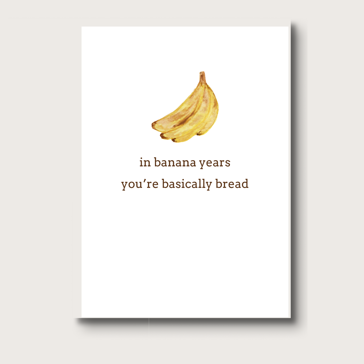 Card with a banana watercolor and humorous text on a white background