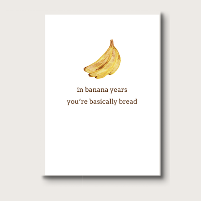 Card with a banana watercolor and humorous text on a white background