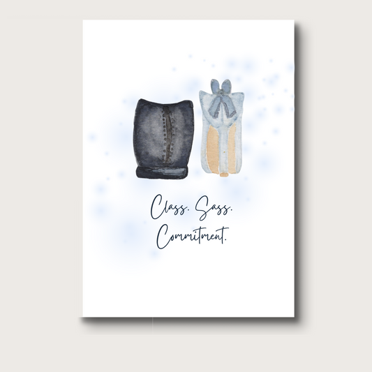 Watercolor illustration of the back of one black men's dress shoe and the back of a light blue woman's high heel with a bow on the back. The text reads "Class. Sass. Commitment." in black. 
