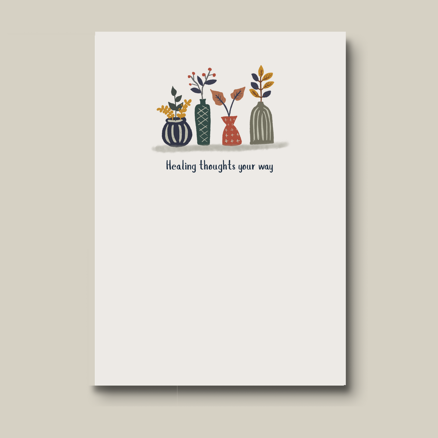 Get well card featuring four unique digital art vases, each with different foliage. The text reads "Healing thoughts your way". A soothing and minimalist design for offering comfort and support. 