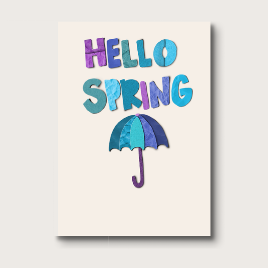 Card with 'Hello Spring' text and an umbrella on a white background