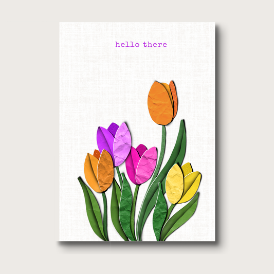 Colorful tulip illustration on a linen background with 'hello there' text.