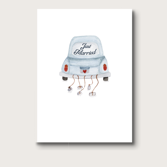 Vintage blue wedding getaway car in watercolor, with a heart license plate and "Just Married" written in script on the back window.