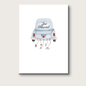 Vintage blue wedding getaway car in watercolor, with a heart license plate and "Just Married" written in script on the back window.