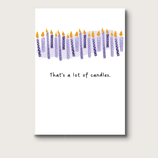 Funny birthday card with a row or lit purple candles in watercolor lined up across the front of the card, and onto the back. Underneath the candles, the text reads "that's a lot of candles". A playful and cheeky design for mileston birthdays. 