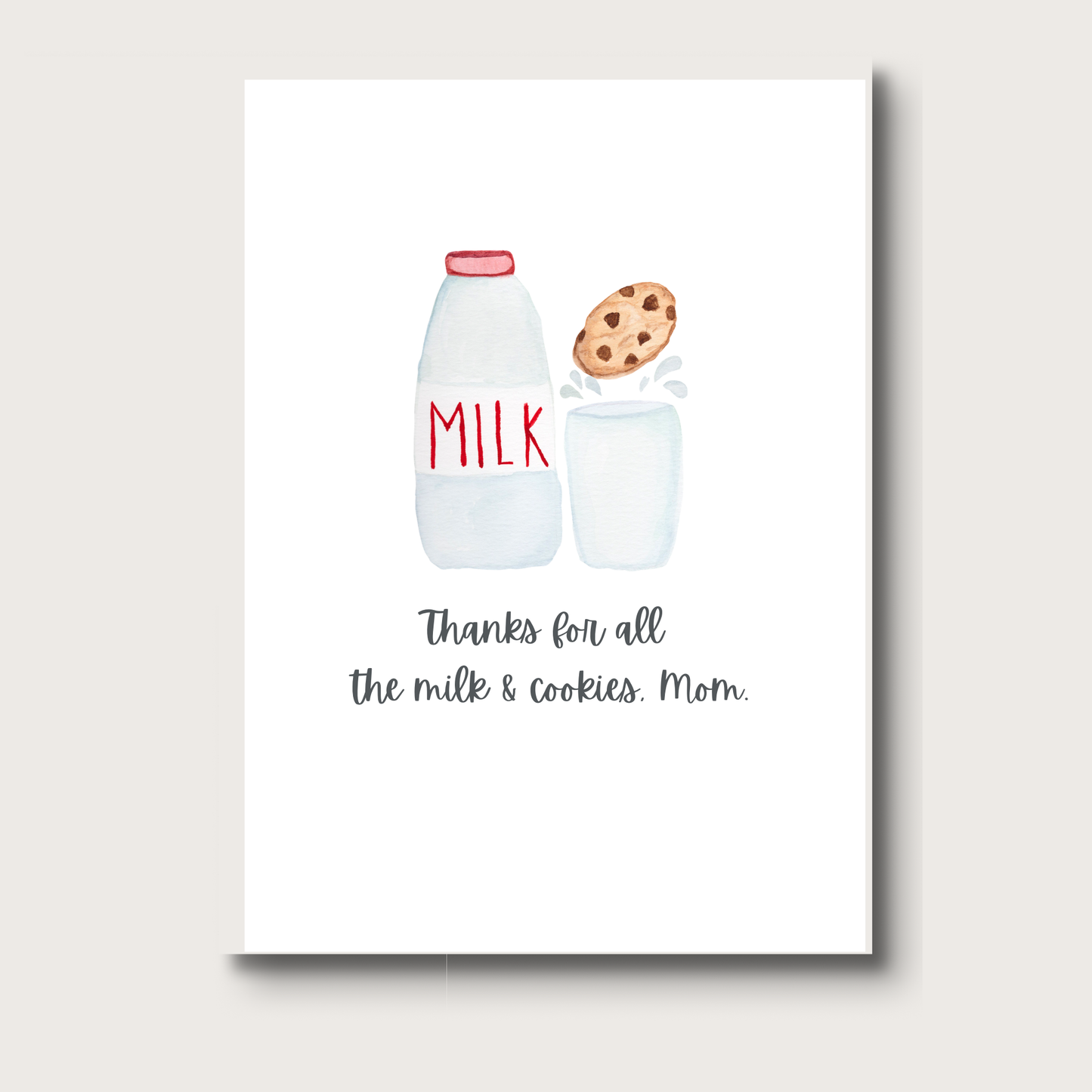 Card with illustration of milk bottle, cookie, and text 'Thanks for all the milk & cookies, Mom' on a white background.