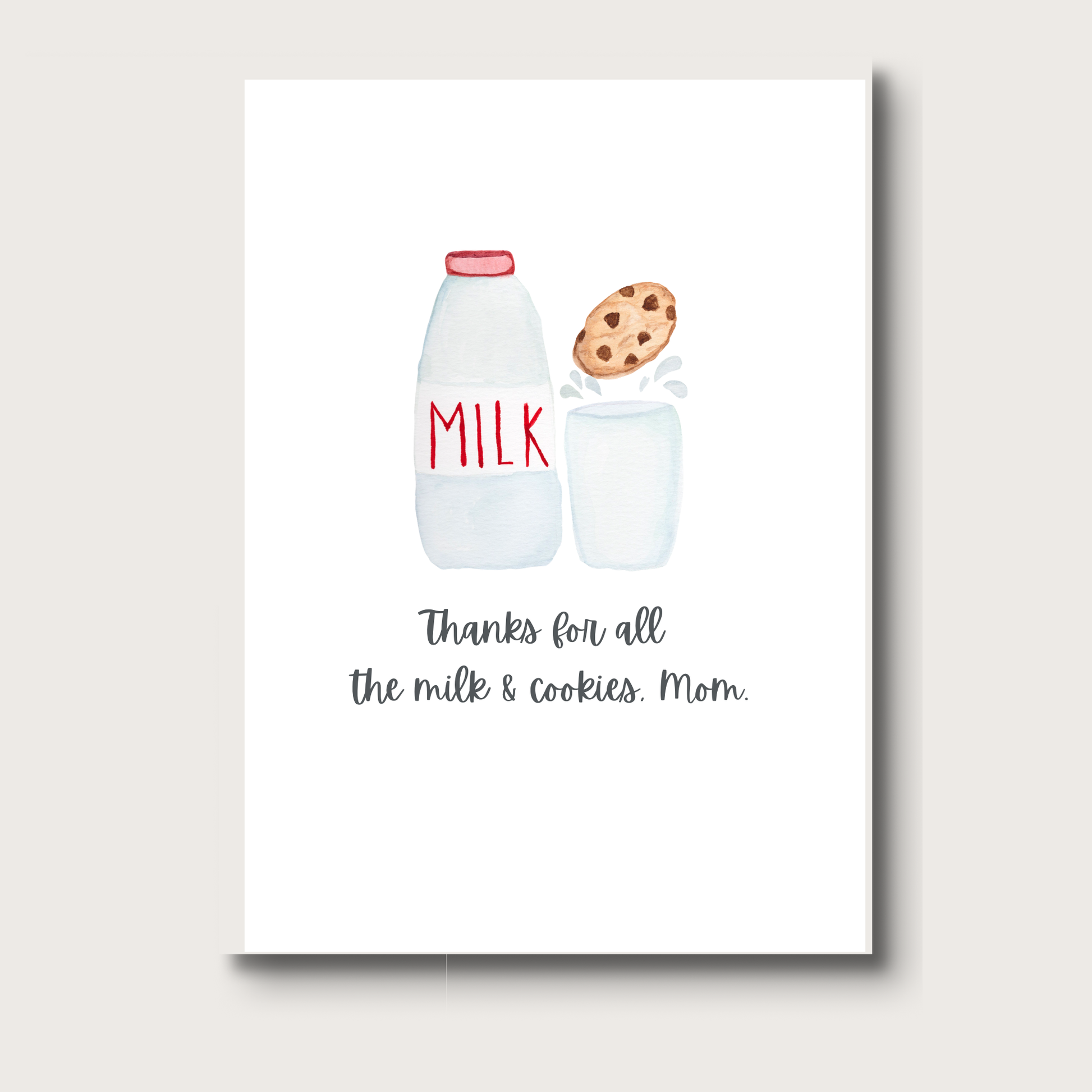 Card with illustration of milk bottle, cookie, and text 'Thanks for all the milk & cookies, Mom' on a white background.