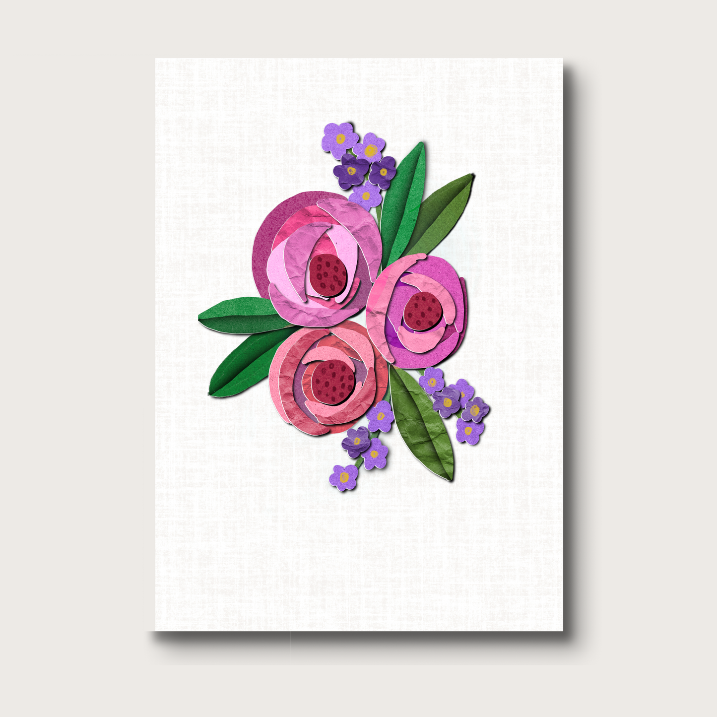 Floral design with pink flowers and green leaves on a white background