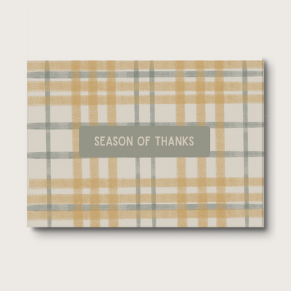 Plaid card with 'Season of Thanks' text on a soft background