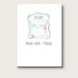 A watercolor illustration of a vintage style mailbox that would be found on the side of a house. The word "POST" is printed in green on the top of the box. The box is white, detailed in green edges, and pink flowers. Underneath the image in black print reads the text "Snail Mail > Email" A beautiful card to celebrate a new home! 
