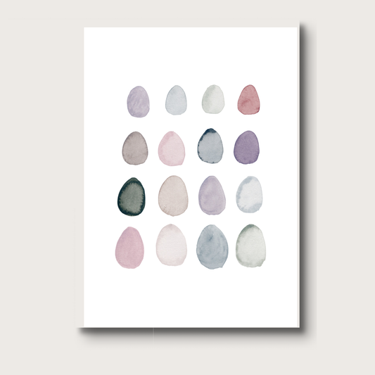 Greeting Card with watercolor eggs in pastel colors on a white background