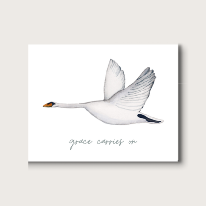 Watercolor artwork of a swan with 'grace carries on' text on a white background
