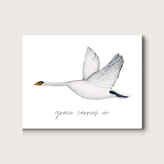 Watercolor artwork of a swan with 'grace carries on' text on a white background