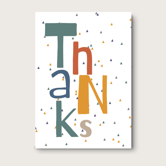 Colorful 'Thanks' cards with geometric shapes on a white background