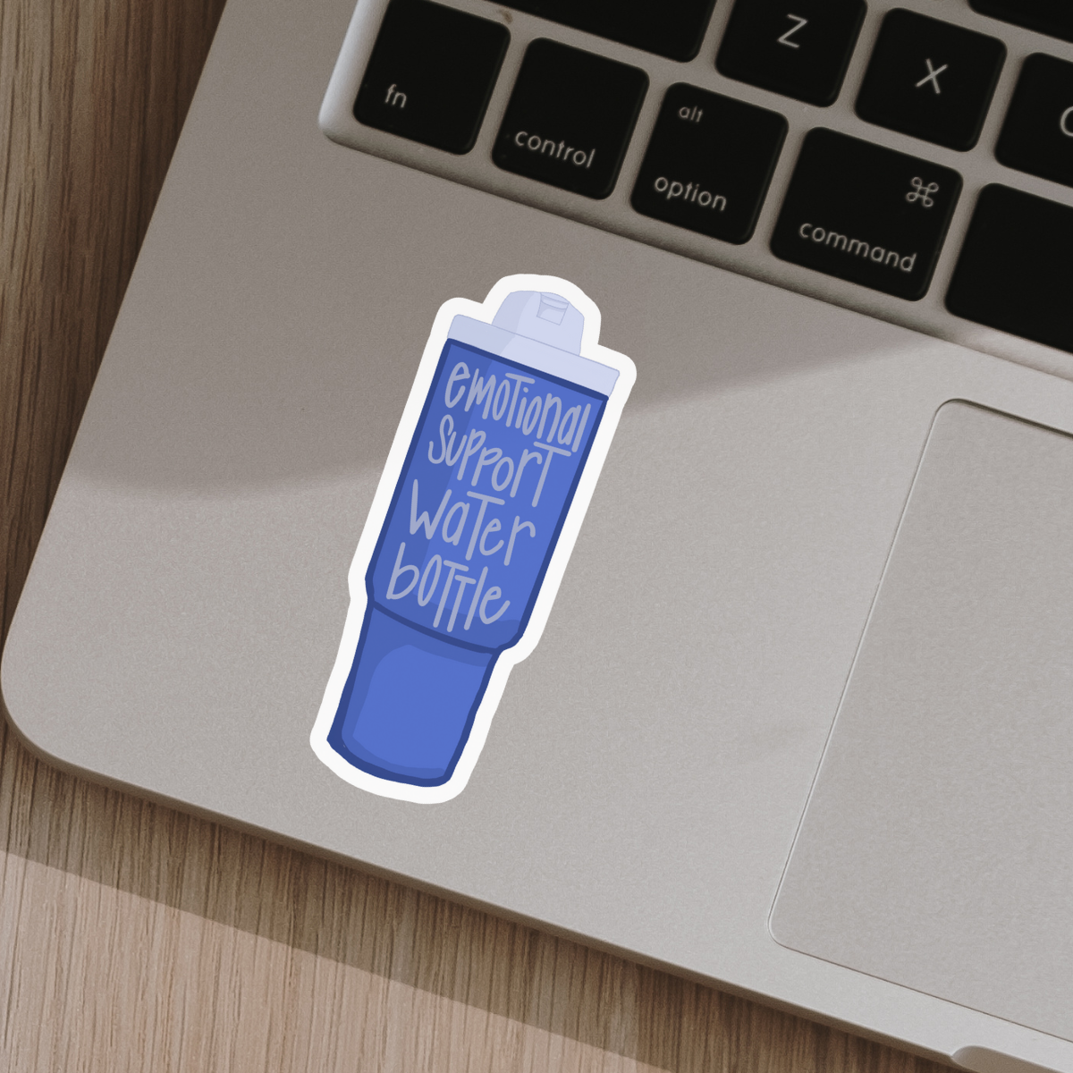 Sticker of an 'emotional support water bottle' on a laptop