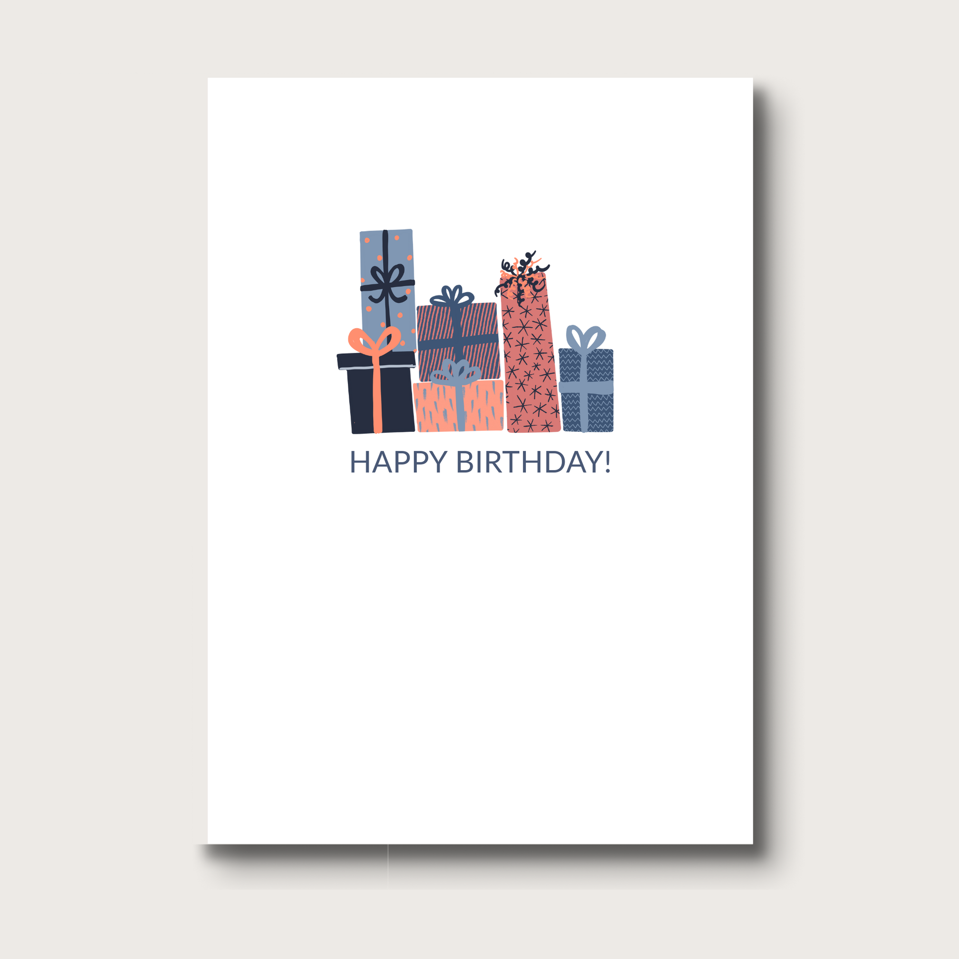 Birthday card with a neutrally colorful gift illustrations and 'Happy Birthday!' text on a white background