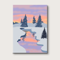 Winter landscape with trees and a river at sunset on a greeting card.