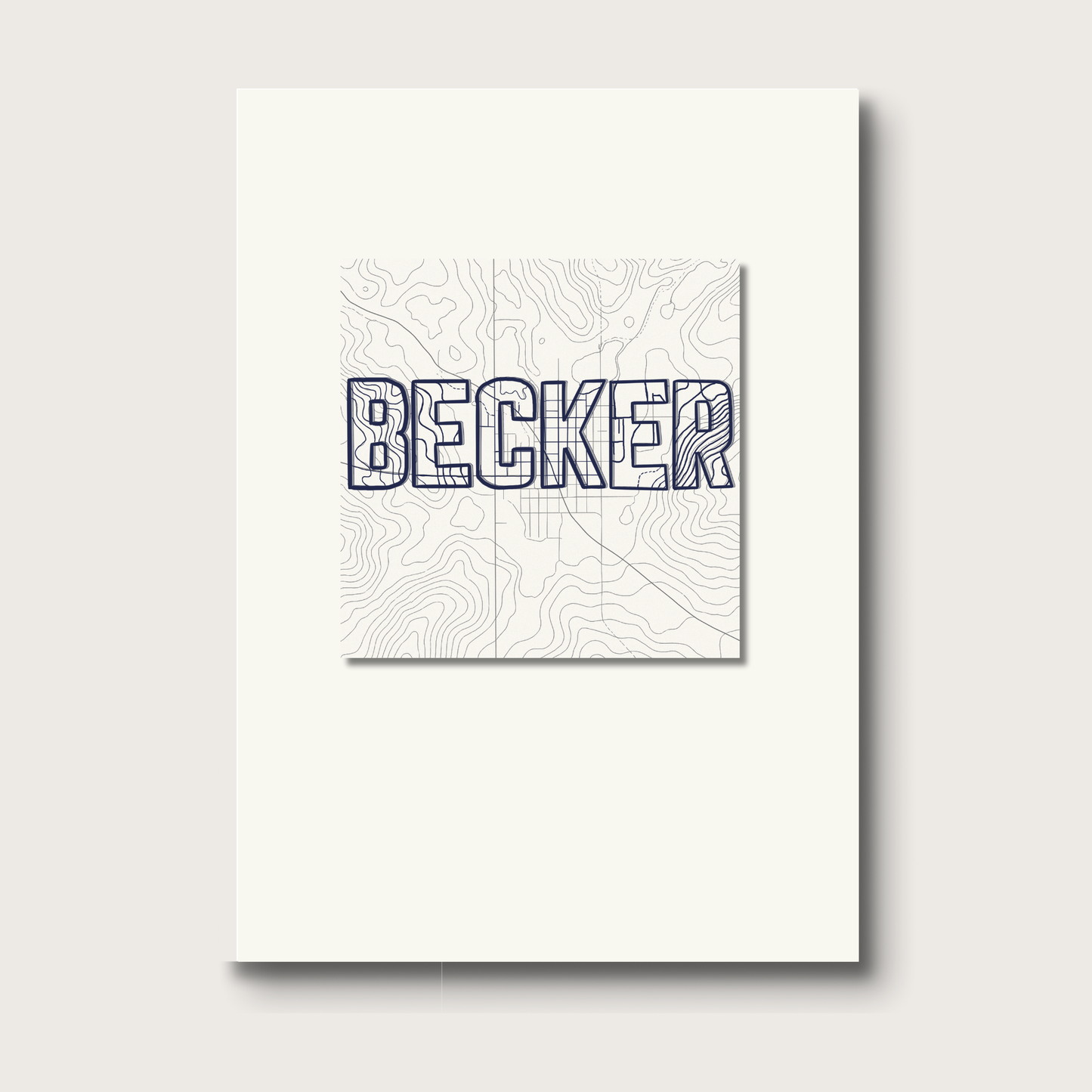 Greeting card with the name 'BECKER' on a topographic map design.