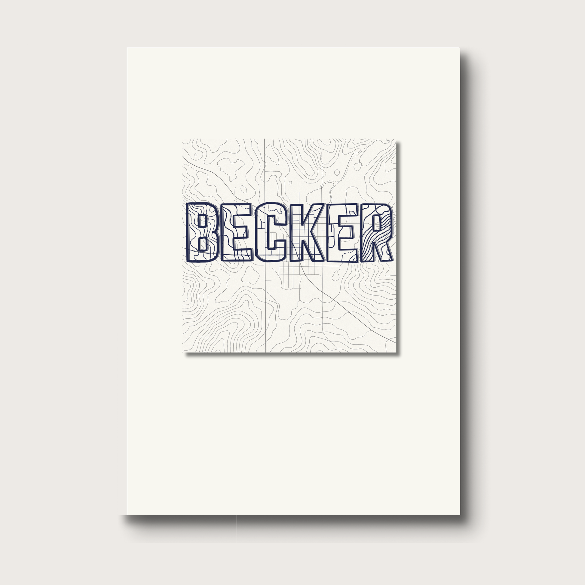 Greeting card with the name 'BECKER' on a topographic map design.