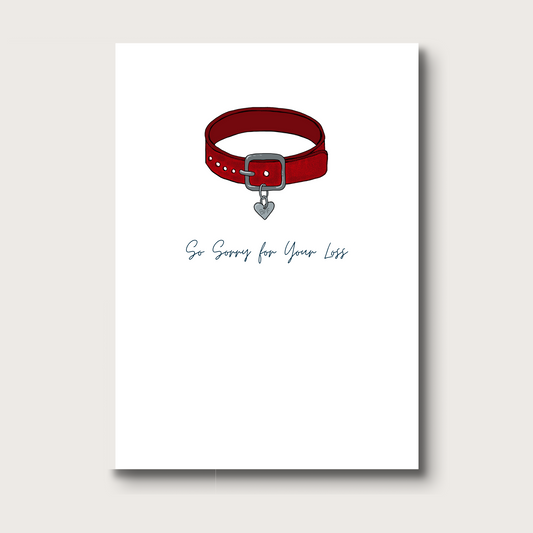 Red dog collar with a heart-shaped tag on a white background
Reads "So sorry for your loss" underneath the collar