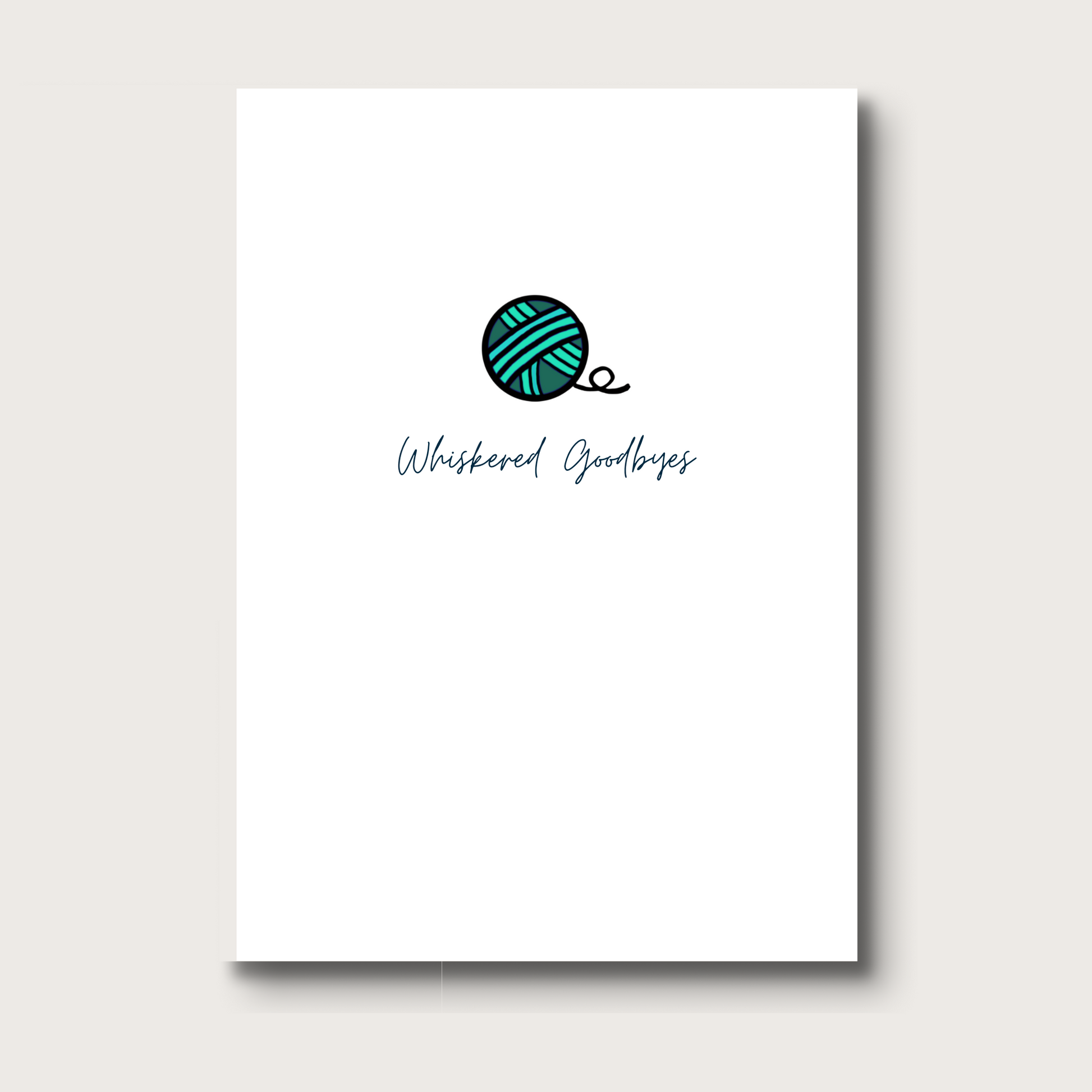 Card with 'Whiskered Goodbyes' under a ball of turquoise yarn on a white background