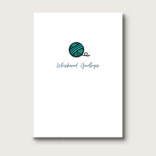 Card with 'Whiskered Goodbyes' under a ball of turquoise yarn on a white background